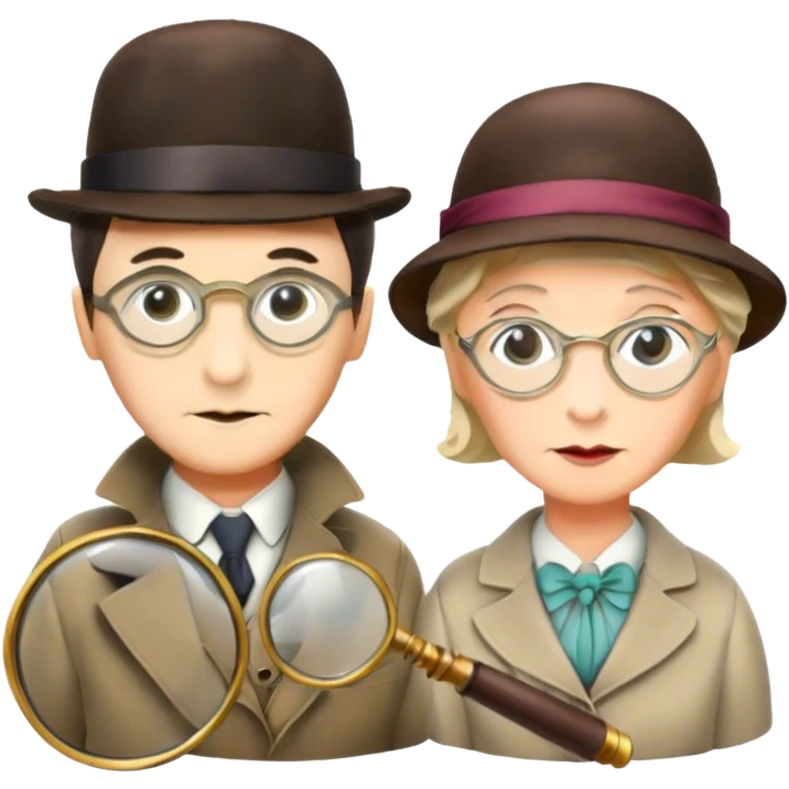 Icon for Detective Movies: A colorful collage with Sherlock Holmes, Miss Marple, and Pinkerton. Include magnifying glasses, clues, and detective tools. The design should evoke mystery and intrigue, with a classic detective movie feel. Transparent background. emoji
