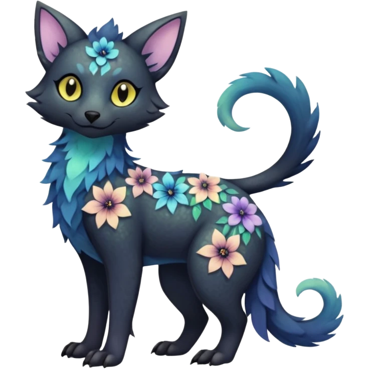 Multicolored sparkly pastel dark iridescent light pale gloomy spooky cute adorable pretty cool elegant realistic floral exotic Trico-Bolthund-Luxray-Falvie-Fionbri, full body emoji