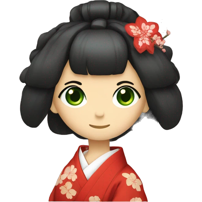 Red kimono. Green eyes. Writing shōdo emoji