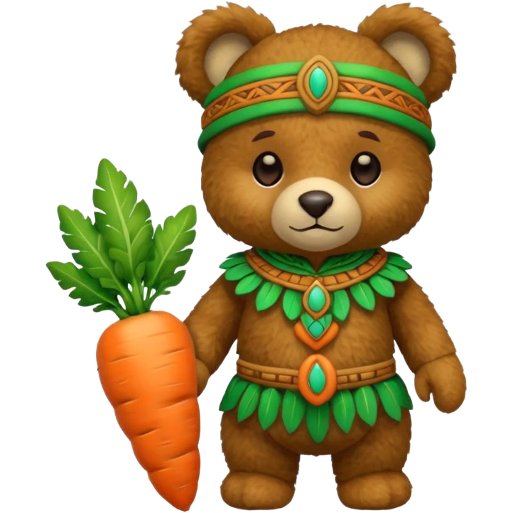teddy bear, wearing green mayan ancient custome, with carrot emoji