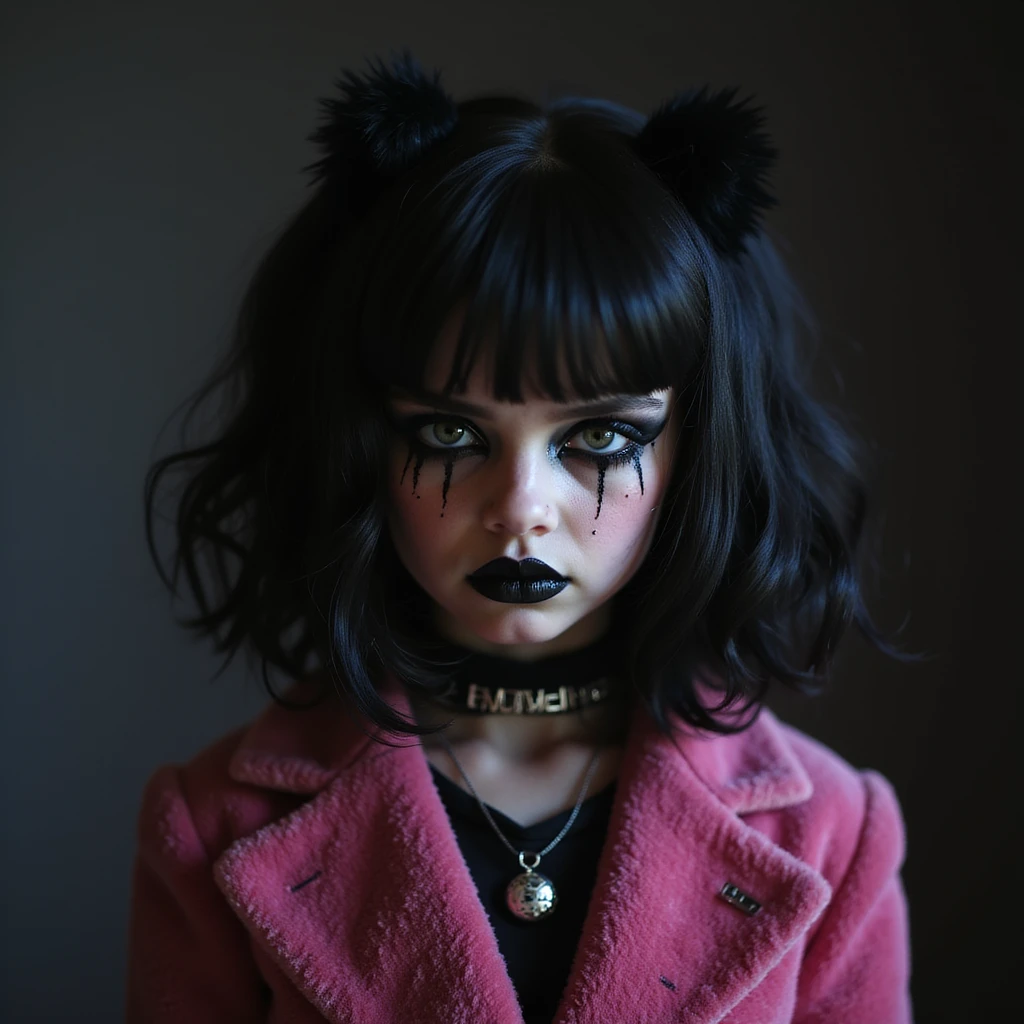 BLACKPINK inspired goth emoji, photorealistic style, black velvet, heavy black makeup, shadowy lighting, intense expression, pink gothic clothes emoji