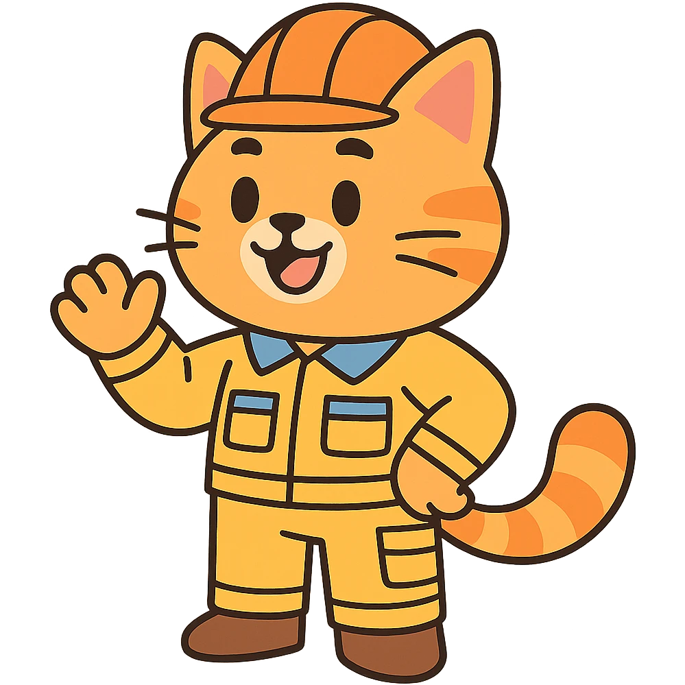 cat character with orange hard hat and work uniform, anime inspired emoji
