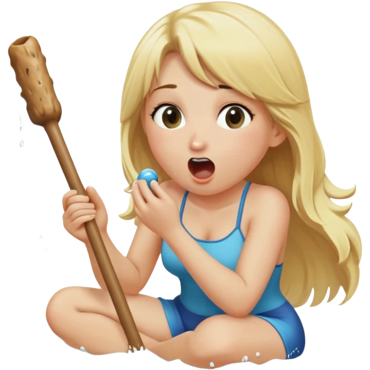 blond woman sitting on her knees, eating a wide stick with a half-round D-shaped knob, both the stick and knob are the same color as her skin, the knob has visible skin texture, water stream squirting from the flat side of the knob into her open mouth, surprised expression emoji