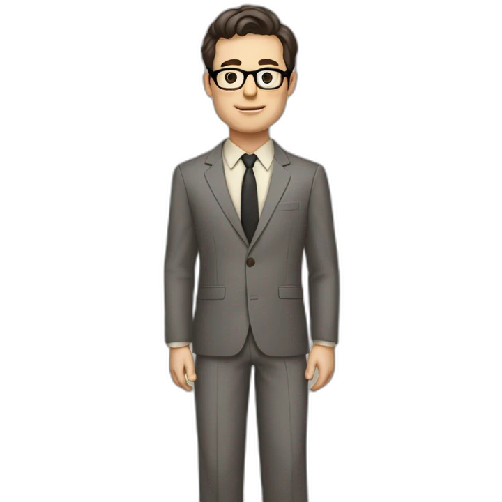 Full height Pale skinned Fit Man With dark brown hair in classic gray suit, beige office shirt, dark gray tie, and vintage glasses. Thrumbs of his palms directed up emoji