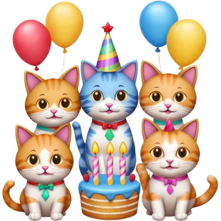 six guy cats at a birthday party, wearing party hats, balloons and cake, cheerful, vibrant, emoji style emoji