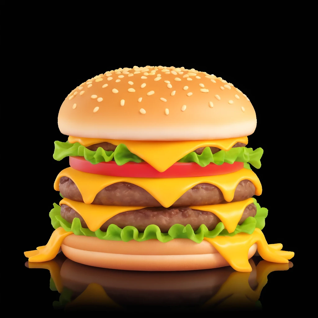 juicy triple-patty cheeseburger with melting triple cheese, crispy golden French fries on the side, hot steam rising from the food, fresh, delicious, sizzling hot, appetizing cartoon emoji style, high detail, bright colors emoji