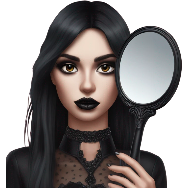Hyper Realistic Goth victoria secret model looking into a handheld mirror  emoji
