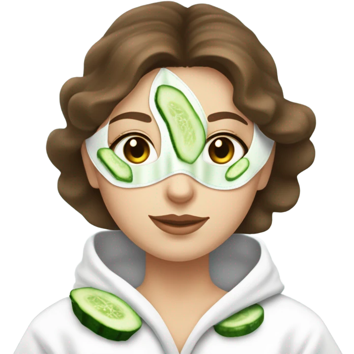 White girl with Brown hair and blue eyes wears a Green skincare textured mask and puts on cucumbers around her eyes while She relaxes in her white Robe emoji