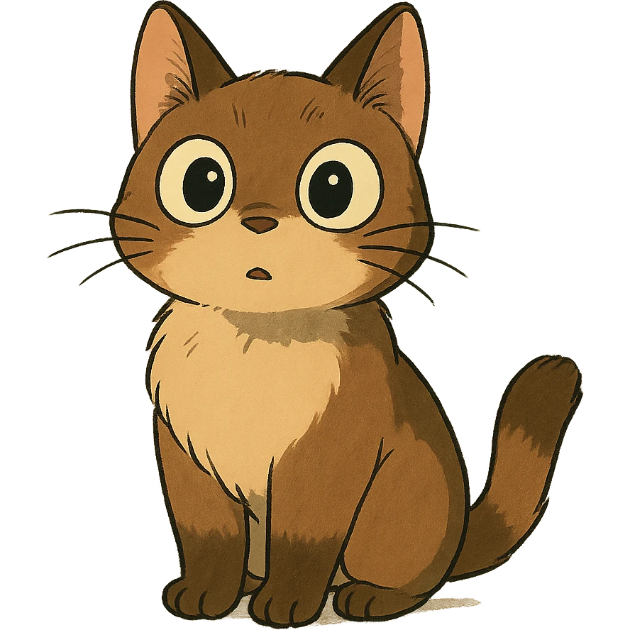 a curious cat with big eyes, ghibli style, cute, expressive emoji