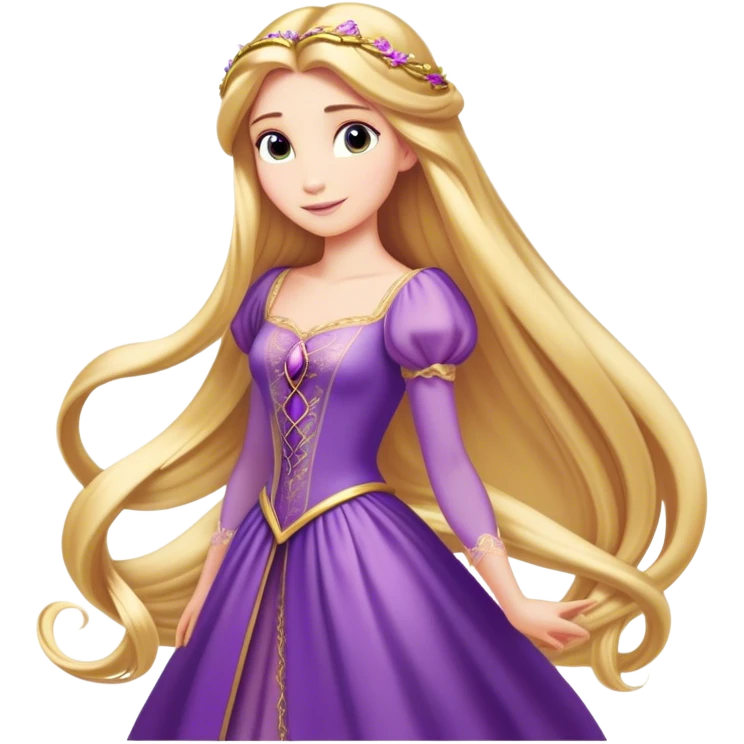 Cinematic Majestic Rapunzel Portrait Emoji, rendered in a clean, vector-style with bold, simplified shapes. Show Rapunzel with a serene, graceful expression, luminous fair skin, and elegantly styled long golden hair, accented by her classic purple gown. The design radiates a majestic, dreamlike glow with high shine and a soft glowing outline, embodying regal beauty. emoji