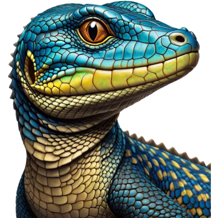 Cinematic Noble Monitor Lizard Portrait Emoji, Poised and regal, with a robust, scaled body exhibiting striking, mottled patterns and piercing, alert eyes, Simplified yet sharp and sophisticated features, highly detailed, glowing with a soft, earthy glow, high shine, intelligent and formidable, stylized with an air of ancient wilderness, focused and commanding, soft glowing outline, capturing the essence of a watchful and confident reptilian guardian that appears ready to stride out of the screen with effortless authority! emoji
