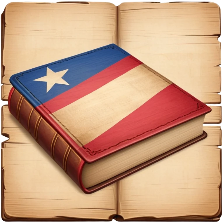 Elegant aged book with the Puerto Rican flag embossed on the cover, wooden theater stage symbol, vintage textured cover with warm wood and parchment tones, slightly glowing, representing the eternal legacy of scenic design in Puerto Rico emoji