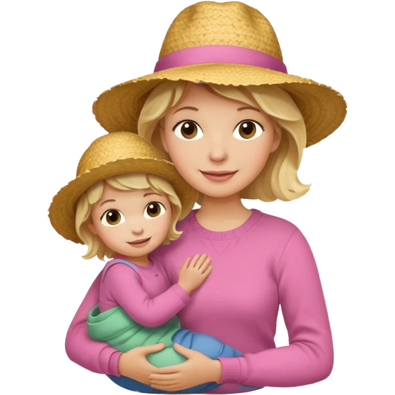 A cheerful wavy short blond hair mom in a straw hat carrying her child, wearing a pink sweater emoji