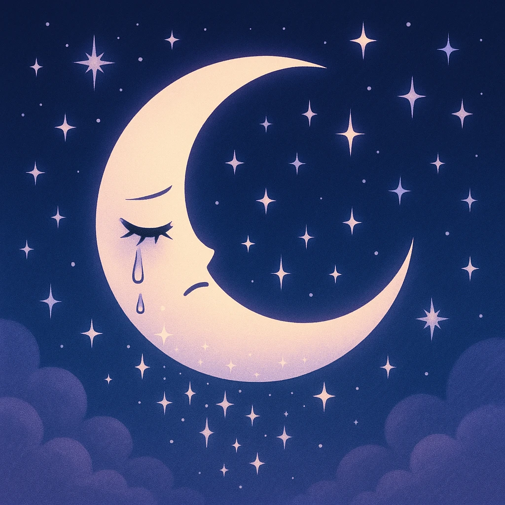 aesthetic nightcore style crescent moon with closed teary eyes, sparkles falling like tears, surrounded by stars, navy-to-indigo gradient background with soft clouds, dreamy sadness atmosphere emoji