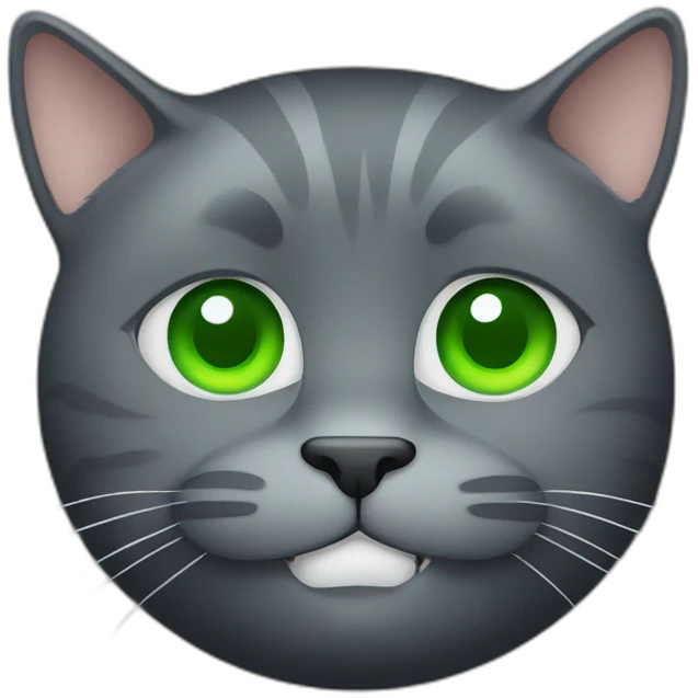 dark grey fat cat with green eyes smiling emoji