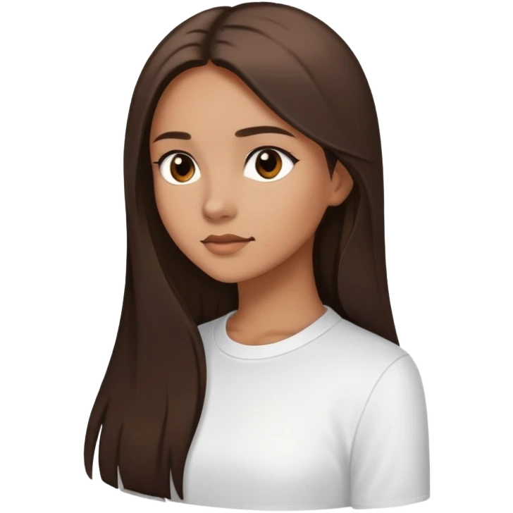 Feminine girl with light brown skin, dark straight long hair and dark eyes, wearing a white shirt, profile picture style emoji