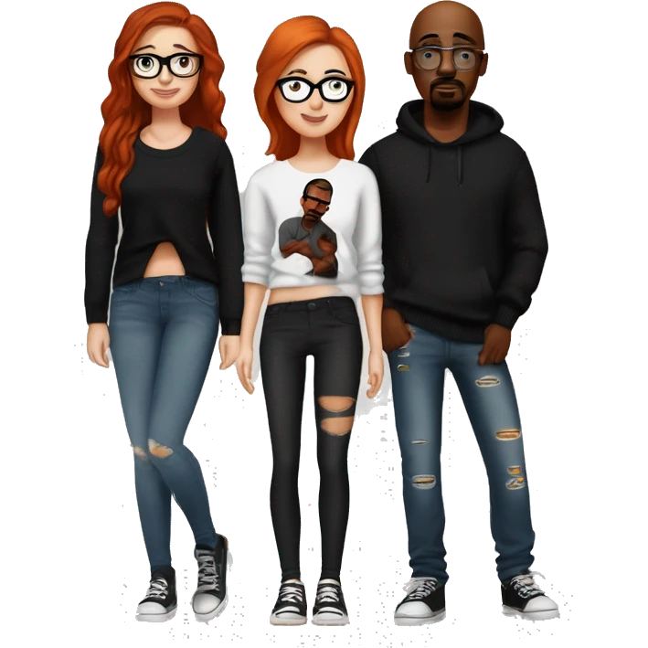 redhead girl with glasses wearing a cute sweater and black leggings, dark brown haired girl wearing black leggings and a cute sweater, bald guy wearing a beanie and ripped jeans with a 2pac shirt emoji