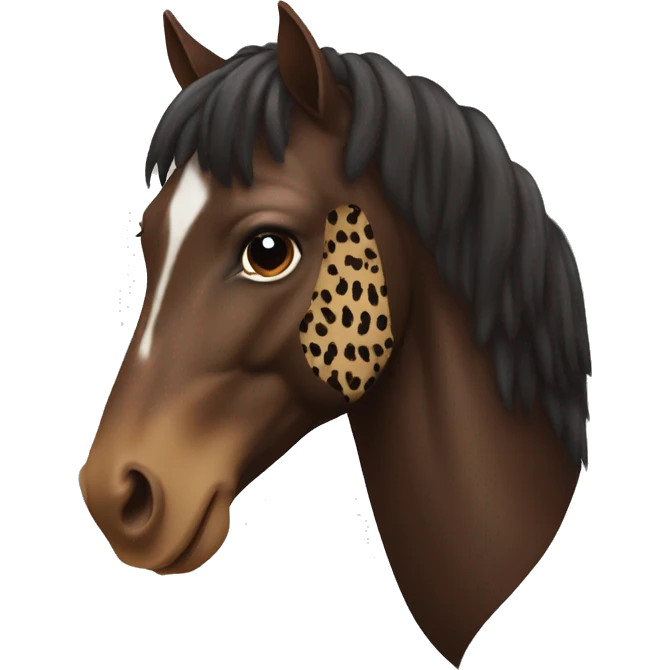 dark brown horse wearing a leopard print ear bonnet emoji