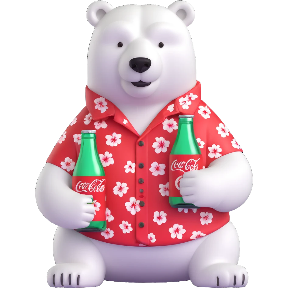 polar bear in a Hawaiian shirt decorated with Coke bottles, holding and drinking a Coca-Cola emoji