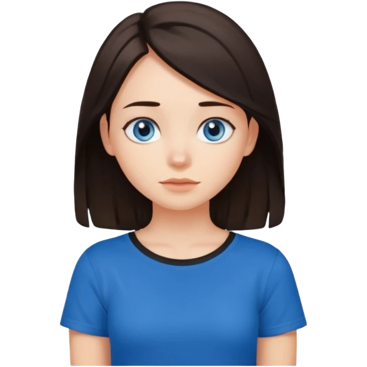 Girl with dark brown hair thats about shoulder lenght with blue eyes putting two hands on their neck in a black tshirt emoji