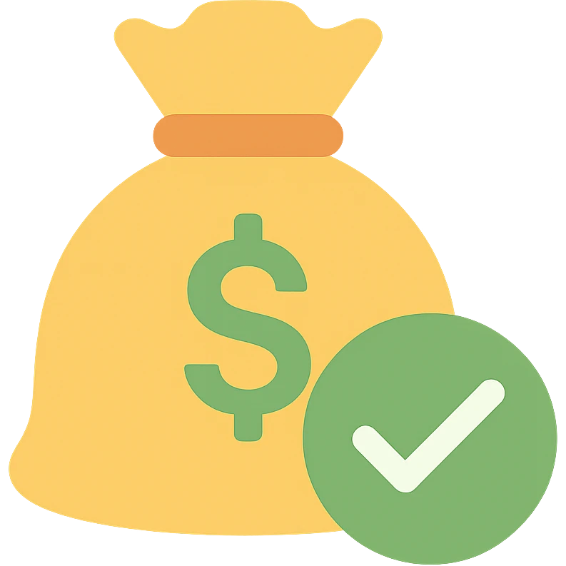 money bag with a large green check mark overlay, simple and bold emoji