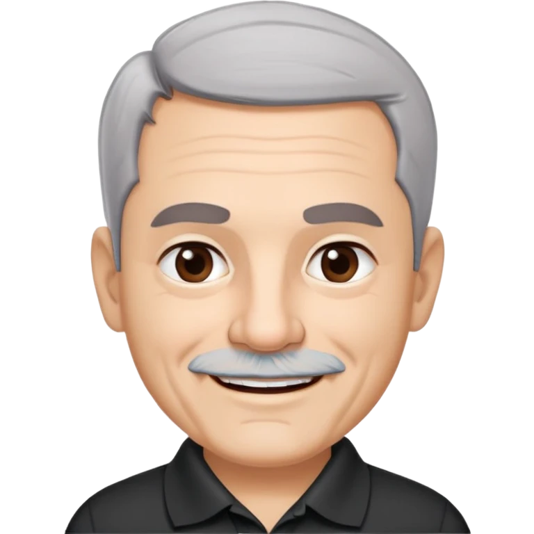 Puerto Rican older man with round face, wide jaw, light skin. Expressive dark brown eyes, thick eyebrows. Short gray hair with receding hairline. Light gray stubble beard. Friendly smile. Wearing a black polo shirt. emoji