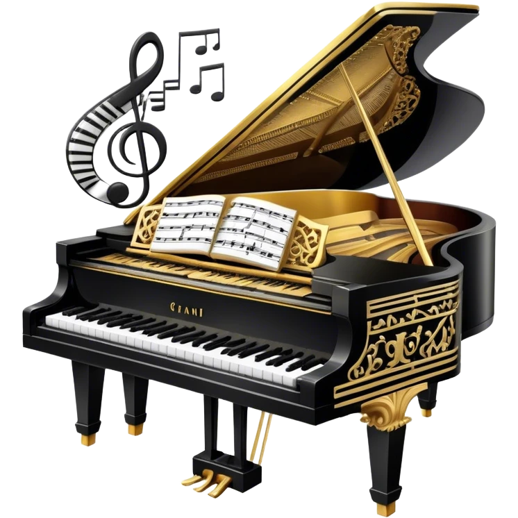 Create a sophisticated and celebratory emoji collage representing keyboard instruments, designed in the style of a coat of arms or crest. The design should feature a central, ornate grand piano with black and white keys, surrounded by a ribbon of musical notes. The ribbon should intertwine with a second ribbon made of black-and-white piano keys, creating a flowing, symmetrical pattern. Include delicate, elegant details such as the pedals of the grand piano, intricate woodwork, and the glossy, polished surface of the instrument. The musical notes should be swirling around the design in a harmonious, festive arrangement. Use gold, silver, and rich wood tones to evoke a sense of luxury and professionalism, with the black-and-white keys of the piano adding contrast. The background should remain transparent emoji