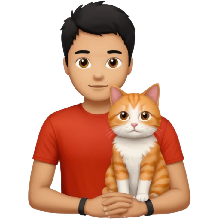 Brown guy with black hair in red t-shit with orange cat emoji