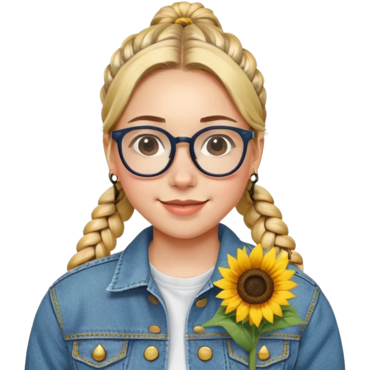 A bespectacled girl with a braided ponytail, a sunflower pin on her denim jacket, and a cheerful expression. emoji