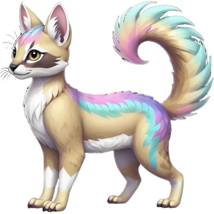 Colorful dark tropical feathery tribal pale light fruity pastel white glorious iridescent divine exotic cute cool beautiful beautiful fantasy-caracal-civet-genet-sergal-vernid-Gryphon-Cacomistle-Trico-oncilla-animal-Fakémon-hybrid-fursona (full body) emoji