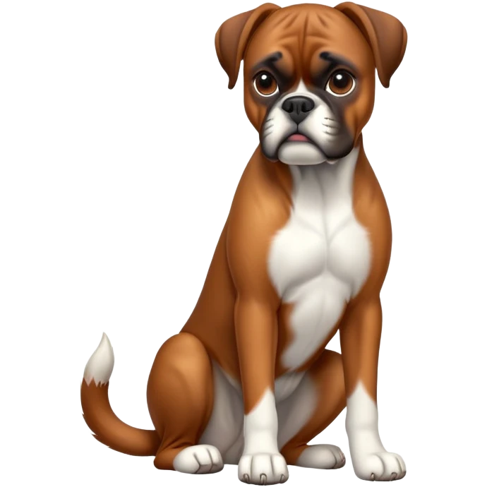 cinematic-[boxer dog]-realistic-full-body-sitting-emoji,-tail-resting-loosely-beside-its-paws,-head-tilted-dramatically,-sleek-[brown]-fur,-simplified-yet-realistic-focused-features,-highly-detailed,-glowing-with-an-almost-sarcastic-glow emoji