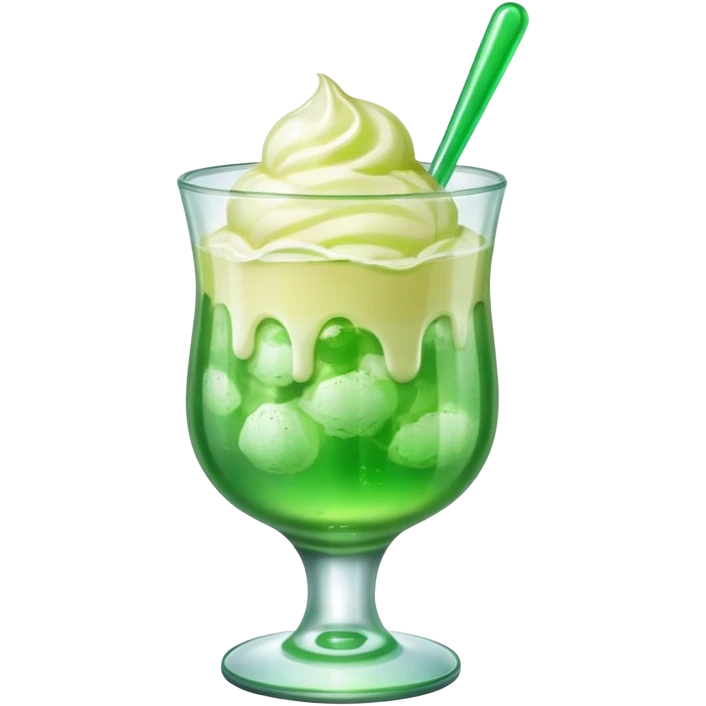Create an emoji with a clear rounded glass, bright transparent green soda, vanilla ice cream scoop
 emoji