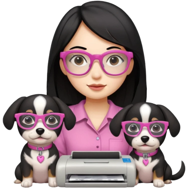 Una chica con pelo negro y lentes rosados con una impresora y dos perras una cajeta y la otra negra emoji