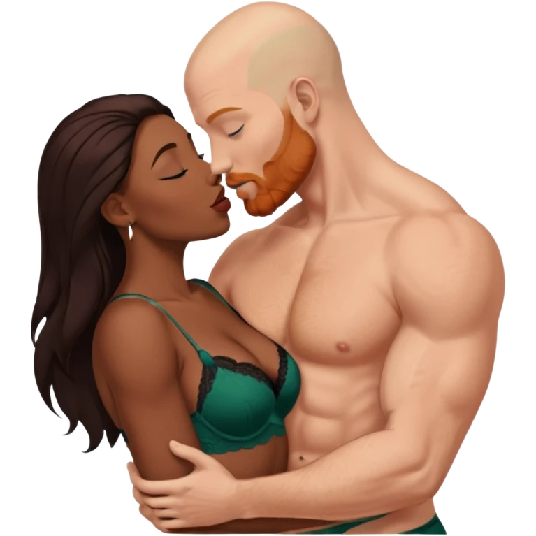 Muscular Bald white male who has a ginger beard & blue eyes, passionately kissing curvy African American dark brown woman who has long brown/black hair wearing dark green lingerie displaying love, making tenderness, physical romance,  pair-bonding & affection, caress, sensual  emoji