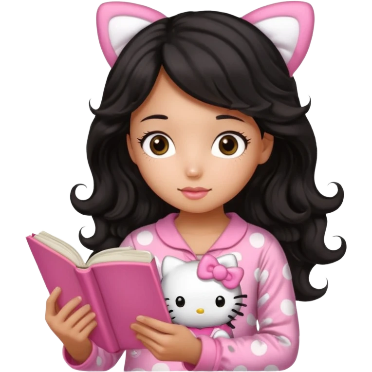 Chica peli negra  cabello ondulado tes trigueña con una pijama rosa de hello kitty leyendo un libro rosa de haditas  emoji