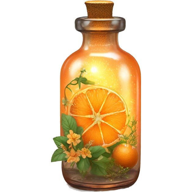 Orange magic fairy light sparkling old Antique bottle with poison and with herbal and flowers emoji
