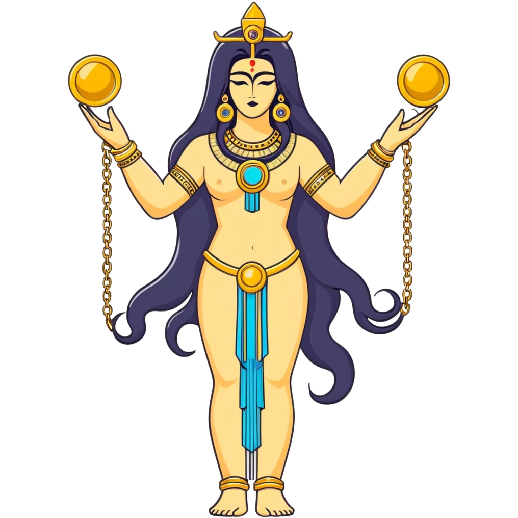 fullbody back view of Anunnaki goddess Inanna with lustrous long black hair, naked back, gold bracelets on wrists and delicate gold chains on her feet emoji