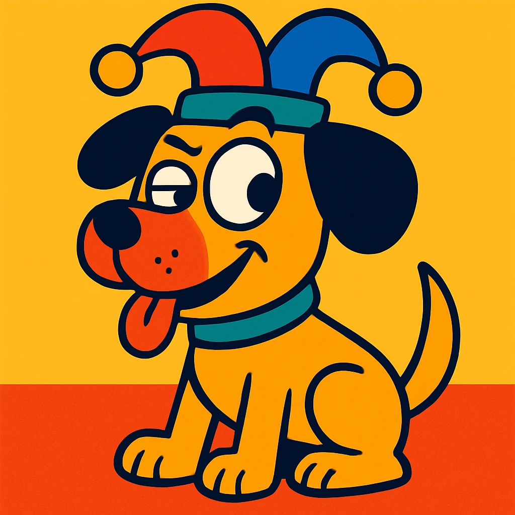 a dog with a mischievous side eye, wearing a comical hat, vibrant colors, playful cartoon illustration emoji
