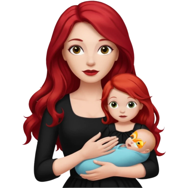 White woman in black dress with long red hair and makeup holding one baby emoji