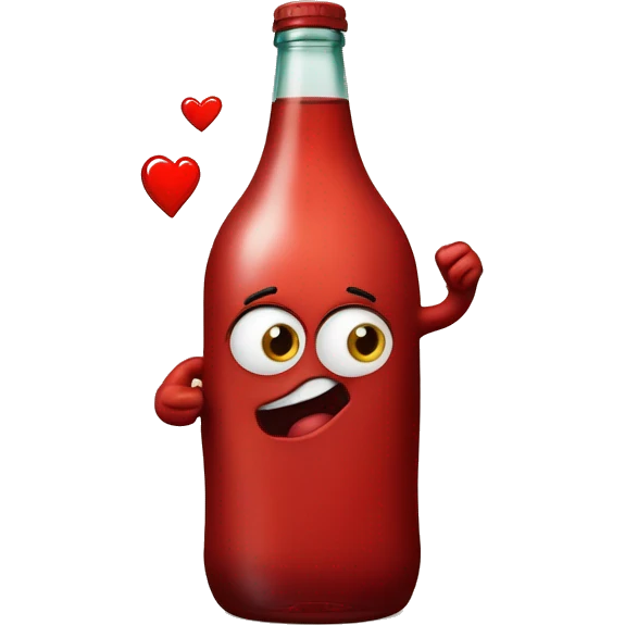 A red heart ❤️ with eyes, a mouth, and hands, looking tipsy and drunk, holding a bottle of drink in one hand, with a playful, wobbly expression emoji