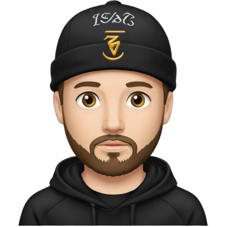 Hombre de ojos claros, con barba fina y perilla, gorra negra bordada, y sudadera negra emoji