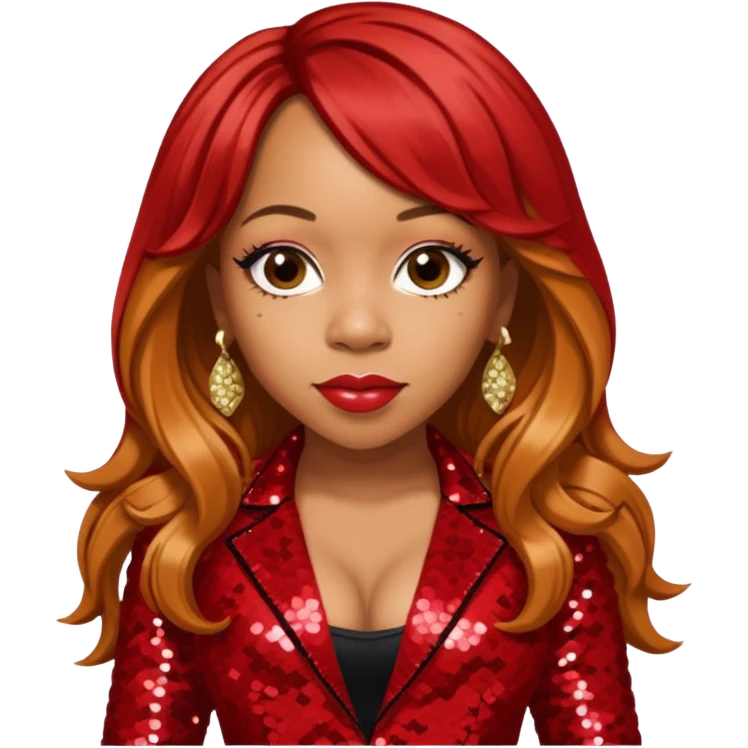 Tameka Tiny Harris from Xscape with long reddish blonde hair, red sequin outfit emoji