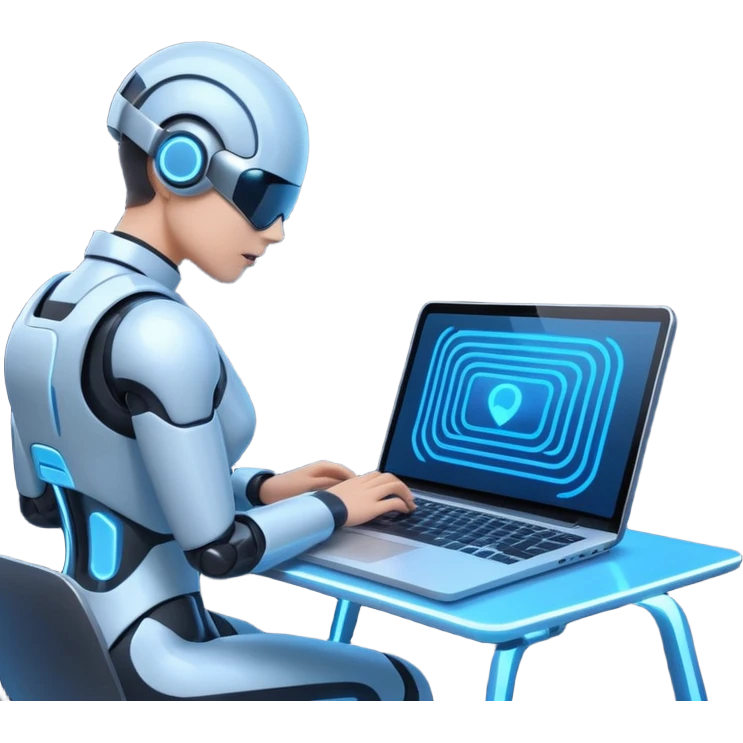 AI Agent looking at the laptop and scan a flow of content on the screen emoji