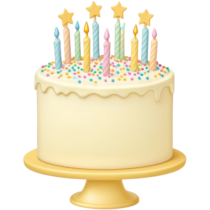 Vanilla buttercream cake on a light yellow cake stand, pastel colorful sprinkles and stars emoji
