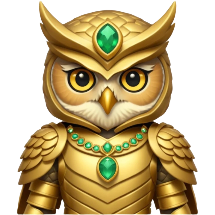 owl warrior wearing golden armor embedded with emerald jewels emoji