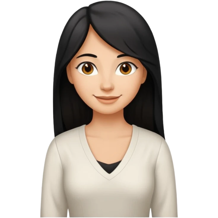 medium tan woman with long black hair past middle of back, round brwn eyes, white v neck blouse smiling. emoji