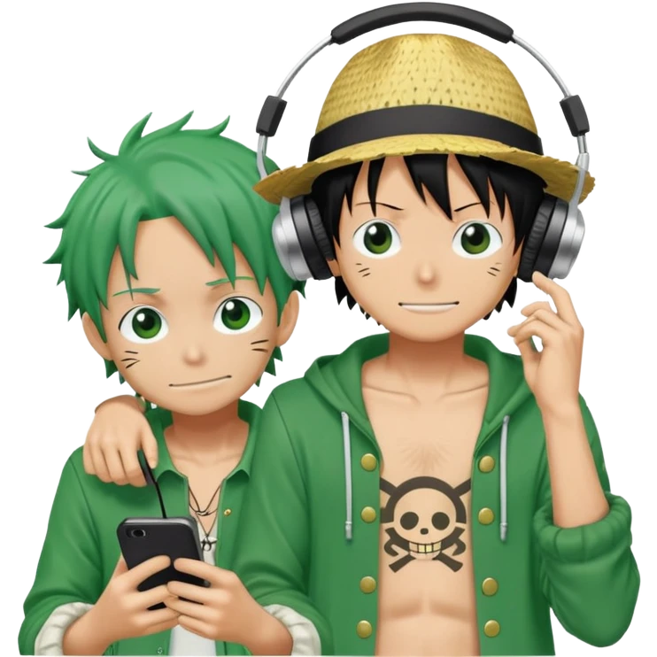 Green Luffy and green Alastor listening to music together emoji