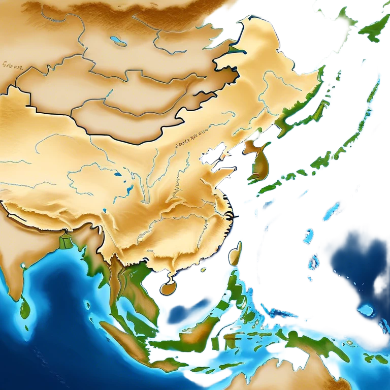 Cinematic-realistic outline of china, featuring its distinct landmass with accurately defined coastlines. The deep blue ocean surrounds the golden-brown continent, with subtle topographic shading to highlight its terrain. A soft glowing effect enhances the edges, making the shape stand out against a neutral, textured background. emoji
