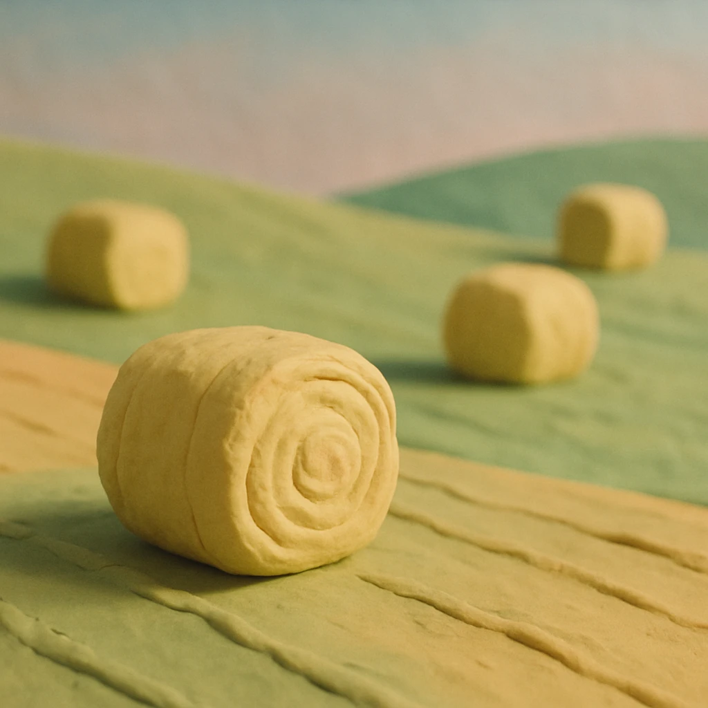 hay bales in a field, pastel colors, visible fingerprints, claymation style emoji