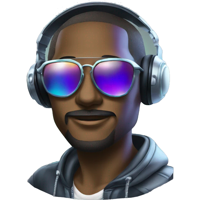 A dj wearing sunglasses playing music, record, vinyl, oilslick holographic emoji